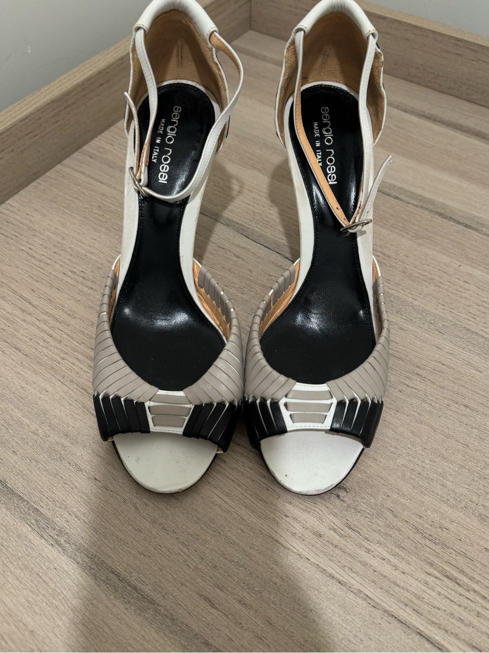 Sergio Rossi White, Taupe and Black Leather Peep-Toe Heels